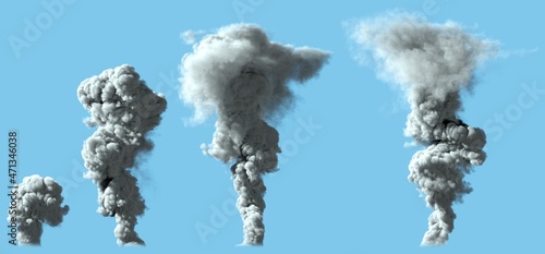 4 images of solid bright smoke column as from volcano or huge industrial explosion - disaster concept, 3d illustration of object