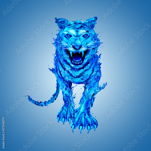 High-Resolution Blue Realistic Water-Tiger Zodiac on a Blue Background. Concept of the Tiger Chinese Astrology Symbol. New Year 2022