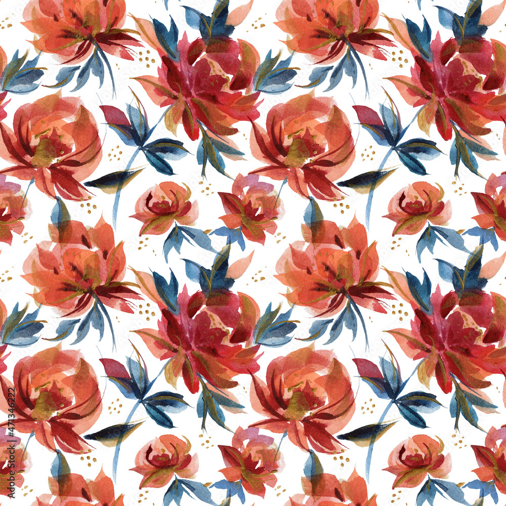 Cintz seamless pattern with blue and orange folk roses