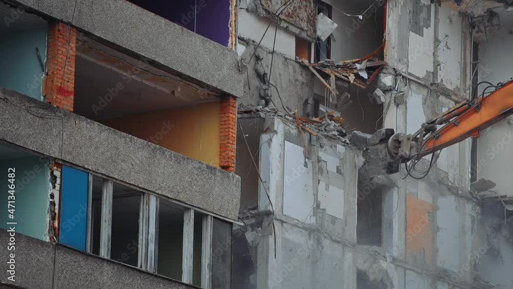 Demolition building by machine. Destruction excavator house demolishing. Demolition building by machine. Destruction excavator house demolishing.