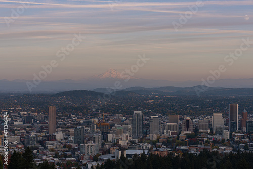 Mt Hood and sunset moonrise over the city of Portland Oregon