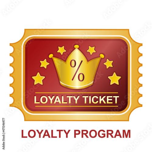 Loyalty program discount bonus ticket icon. Client gift card, referral vip coupon with crown, percent sign. Credit perks, save shopping money, cashback offer, special price, premium privilege. Vector