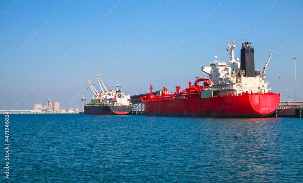 Red tanker ship is loading in port of Saudi Arabia