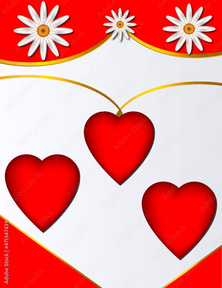 Red Love gift bag background with set of red hearts and white roses on shiny white color Red Love gift bag background with set of red hearts and white roses on shiny white color