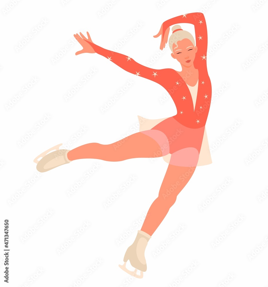 Young beautiful woman ice skating. Figure skater athlete girl in short red dress. Winter sport. Vector flat cartoon illustration isolated on white background.