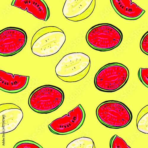 Fototapeta Naklejka Na Ścianę i Meble -  Vector drawn tropic fruits pattern watermelon pale yellow, summer fruits background, juicy cartoon fruits