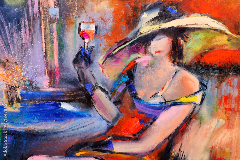 portrait of an attractive girl in a hat sitting with a glass of wine. Drawing with oil paints