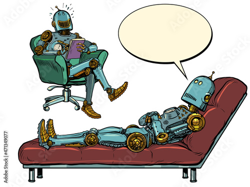 A robot psychotherapist at a psychotherapy session with a patient, listens to the robot, laughs and makes notes in a notebook