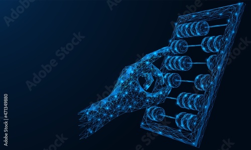 The hand counts on the abacus. Polygonal design of interconnected lines and points. Blue background.