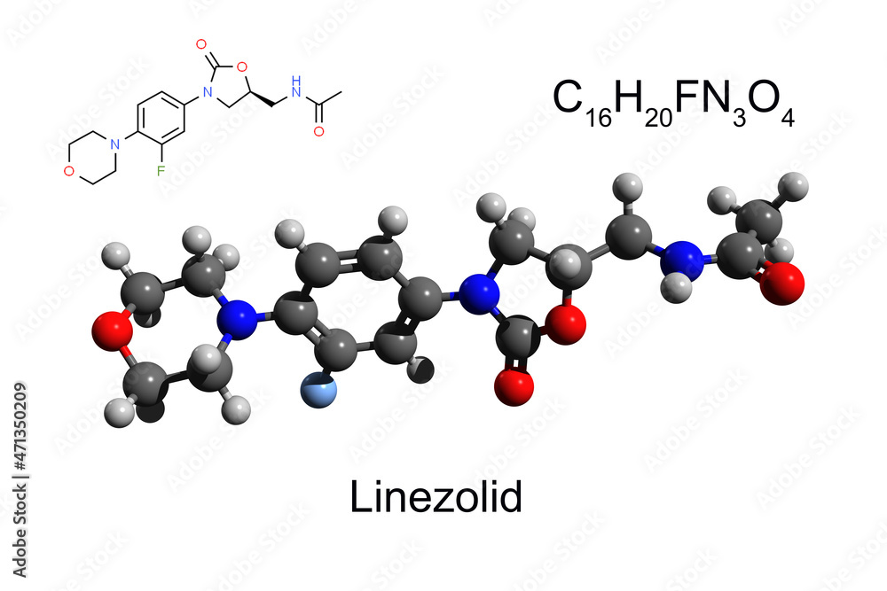 Chemical formula, structural formula and 3D ball-and-stick model of synthetic antibiotic linezolid, white background