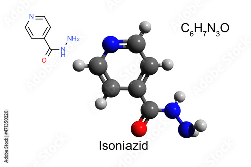 Chemical formula, structural formula and 3D ball-and-stick model of isoniazid used for treatment of tuberculosis, white background photo