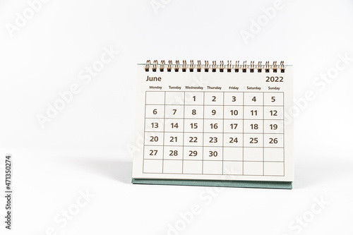 June 2022 paper calendar month page on white background