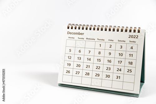 december 2022 calendar on white background isolated photo