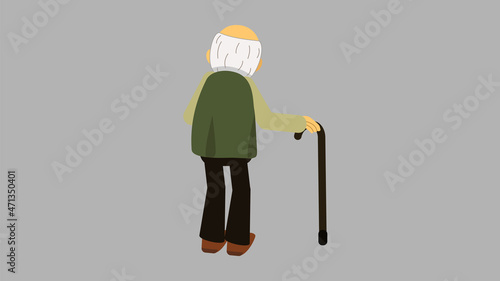 Old grandpa leans on a stick rear view. Vector image of an elderly man from behind for animation. A gray-haired old man with a stick.  All the details are on separate layers.
