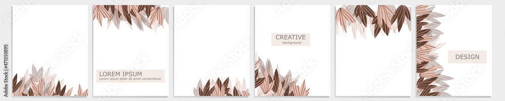 Set of vector cover notebook design. Abstract floral template design with brown leaves on white background for notebook paper, copybook brochures, book, magazine. Planner and diary cover for print