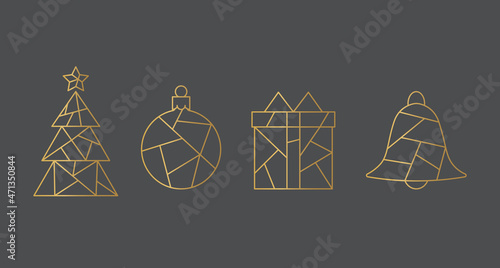 golden christmas elements: tree, baubble, gift and bell- vector illustration