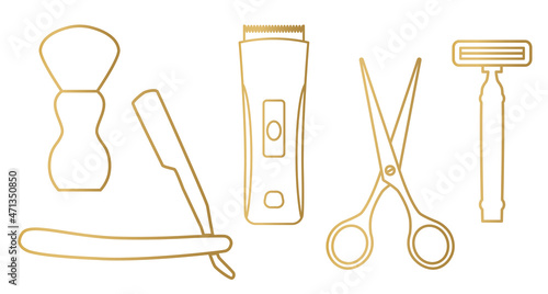 golden barber shop accessories: brush, razor, trimmer, scissors and disposable razor- vector illustration