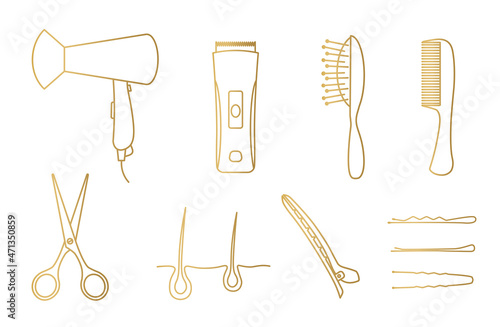golden hairdressing tools: hairdryer, clipper, brush, comb, scissors, hair bulb, clip and bobby pins- vector illustration
