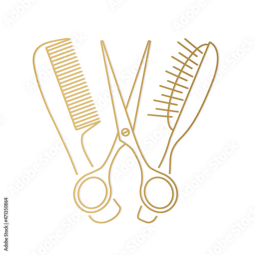 golden hair comb, brush and scissors icon - vector illustration