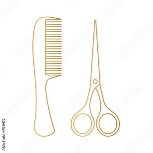 golden hair comb and scissors icon - vector illustration