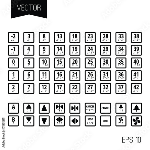 Square elevator system buttons, icons, controls vector template.