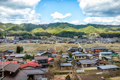 Gero Onsen, Japan village small town city with high angle above view cityscape in Gifu prefecture with mountain view in spring springtime photo