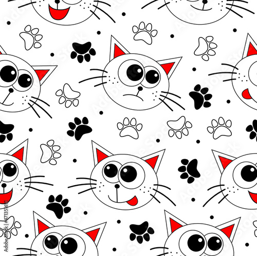 Cat heads wth different face expressions and paw prints on red background. Vector illustration. Seamless pattern.