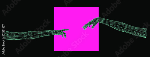 Vector 3D model of low poly hands. Cyberpunk and vaporwave style art collage.