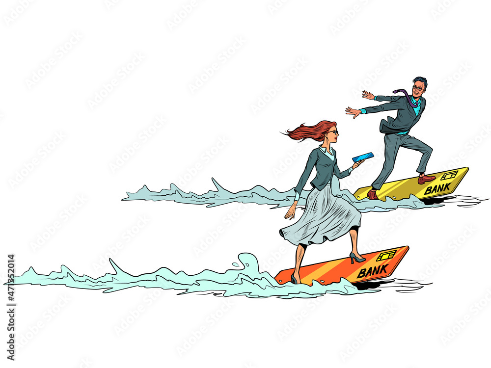 Fototapeta premium A businessman and a businesswoman are sailing. Competition of cash and electronic money on a plastic card