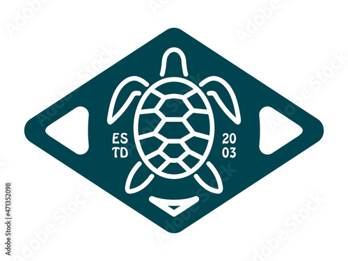 vector illustrations of sea turtle, circle, text on the background. Vector illustration for emblem, badge, sticker and label. Surfing club symbols. Surfer logo.