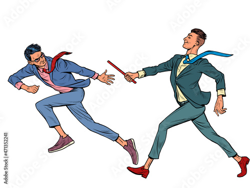 business teamwork concept. sports relay, passing the baton, men athletes race