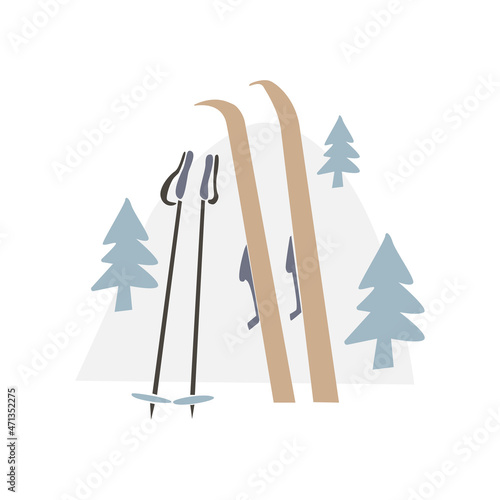 Hand drawn ski and ski pole, tree, hill  isolated on white background. Vector flat illustration. Design for greeting card, poster, print, banner