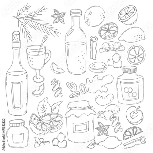 large set for mulled wine. Vector illustration in line hand-drawn. glass and bottle of wine, slice of citrus and apple, spices, cinnamon, cardamom, ginger and jar of honey. Isolated outline drawing