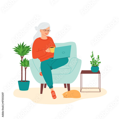 Elderly gray-haired woman working on laptop. Concept of active seniors, retirees of using modern technologies. Remote work from home, training, e-learning. Isolated flat vector illustration