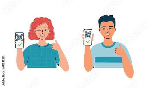 Teenagers boy and girl are show qr code Covid-19 coronavirus vaccine on phone screen. Digital sanitary pass, vaccine passport. Certificate of vaccination. Isolated flat vector illustration