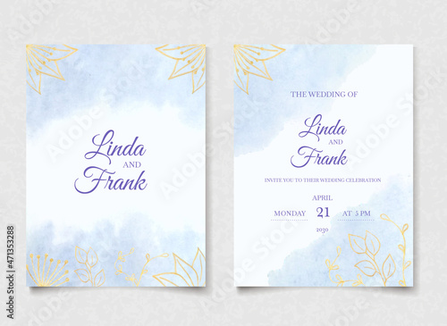 Blue watercolor wedding invitation card template. Nature background with gold flowers and leaves. Wedding invite set. Vector illustration design