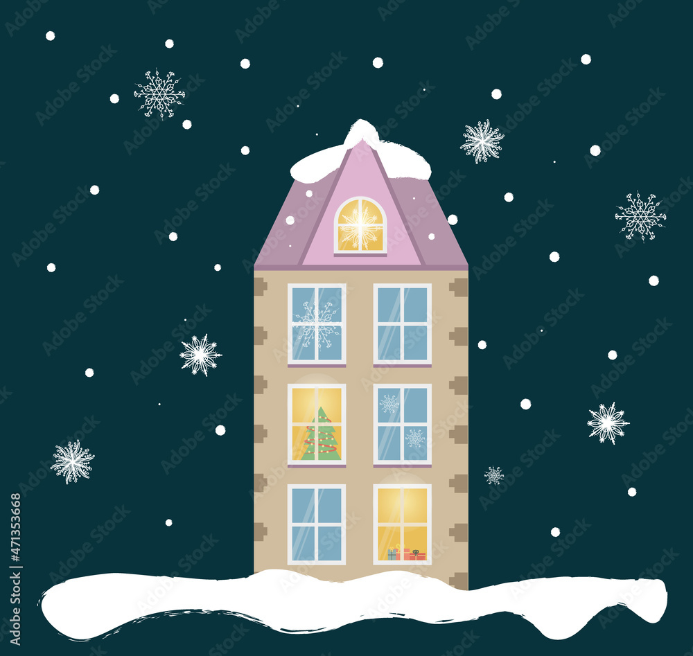 Urban beige house decorated for the New Year. Christmas trees in the windows. Snow, beautiful snowflakes in the background. Vector illustration in a flat style is used for postcards, posters, covers.