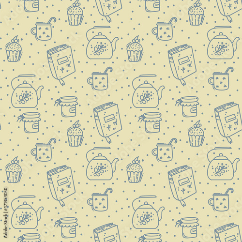 Scandinavian-style Hugge pattern. Background with homey Danish style. Banner with autumn and winter home elements for textiles. . Vector illustration