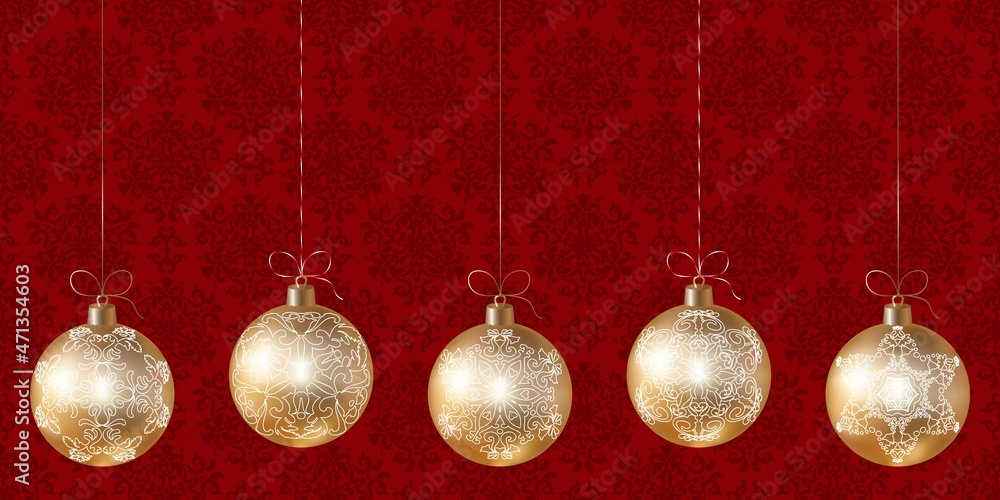 Set of hanging gold Christmas tree balls on red background. Festive New Year or Christmas background with Christmas tree toys and space for text. Red and gold color. Vector. Modern background design. Set of hanging gold Christmas tree balls on red background. Festive New Year or Christmas background with Christmas tree toys and space for text. Red and gold color. Vector. Modern background design.