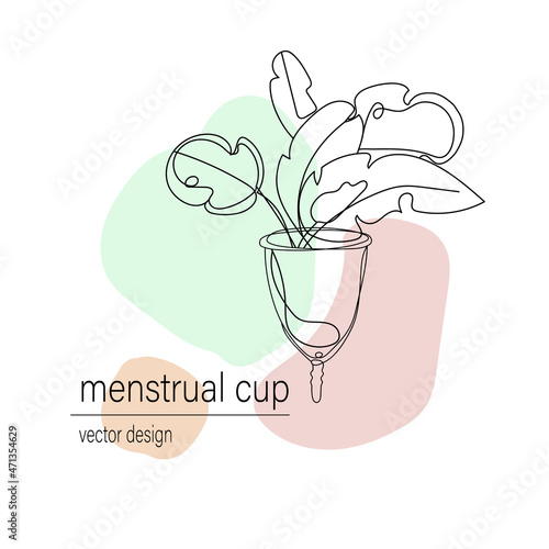 Eco friendly menstrual cup with plant leaves, hand drawing in outline contour style with pastel abstract spots.Eco product of feminine intimate hygiene.Continuous line vector illustration.