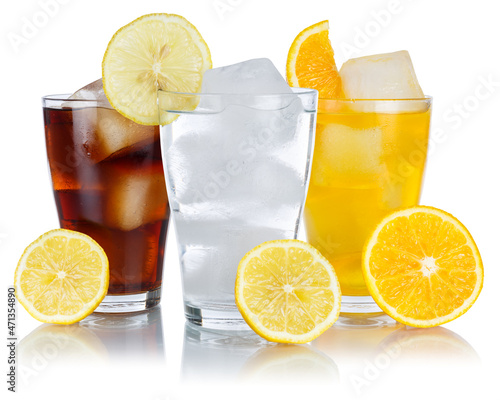 Drinks lemonade cola drink softdrinks glass with lemon isolated on white photo