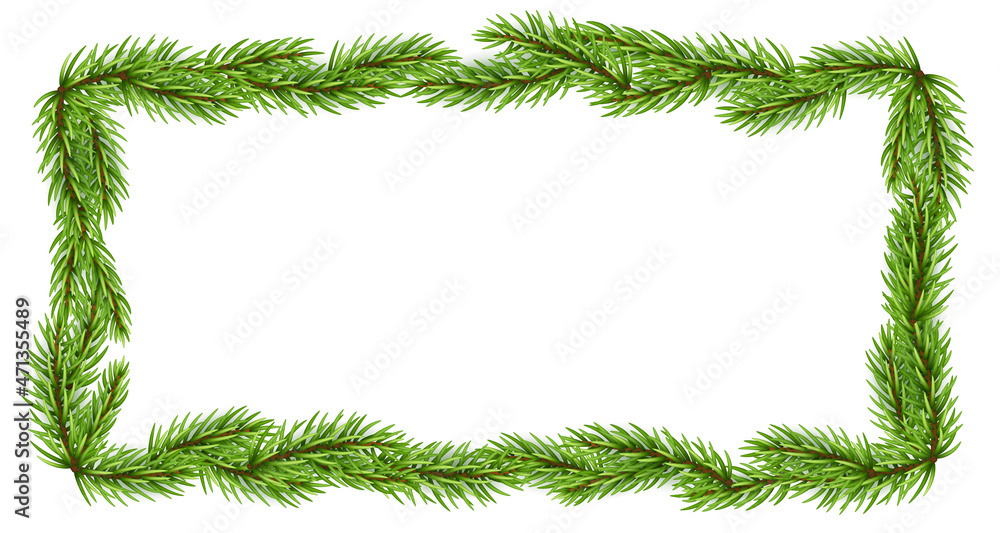 Blank Christmas border, frame with branch of christmas tree, fir. 
Isolated on white background. Holiday design, decor. Vector illustration.