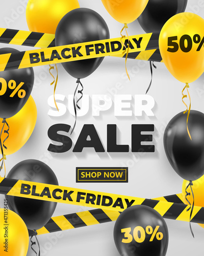 Poster for Sale, Black Friday with black and yellow balloons with percent, barricade tape and text, letters on white background. Vector Holiday illustration for web, design, arts, advertising.