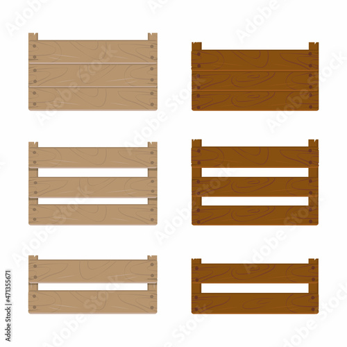 Set of wooden vegetable box, isolated on white background. Vector illustration