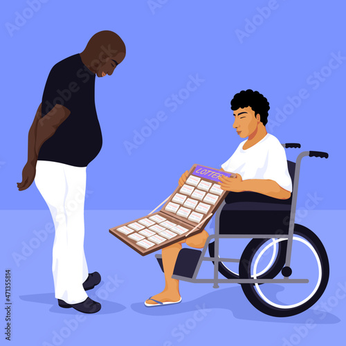 Disabled person selling to customers on the street