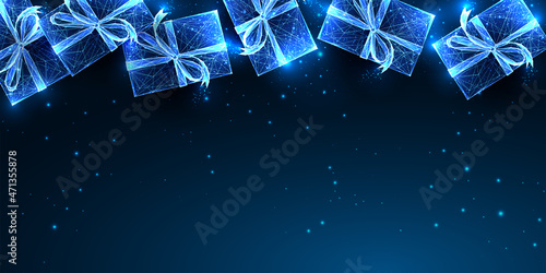 Abstract Christmas digital web banner template with glowing gift boxes and copy space on dark blue