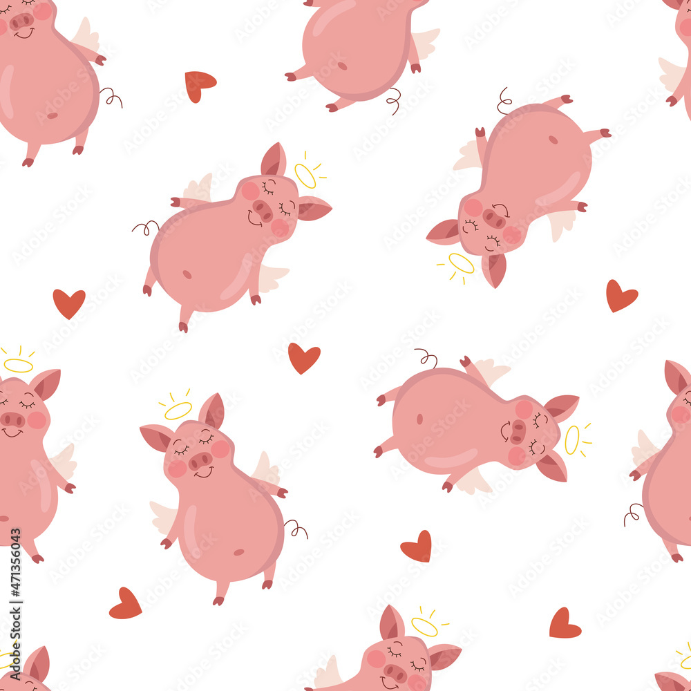 Seamless pattern with pink pig angel and halo. Vector illustration of flat character. Seamless pattern with pink pig angel and halo. Vector illustration of flat character.