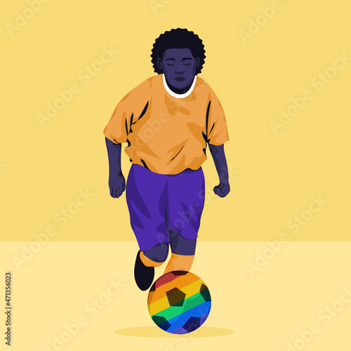 Youth playing soccer match with rainbow ball