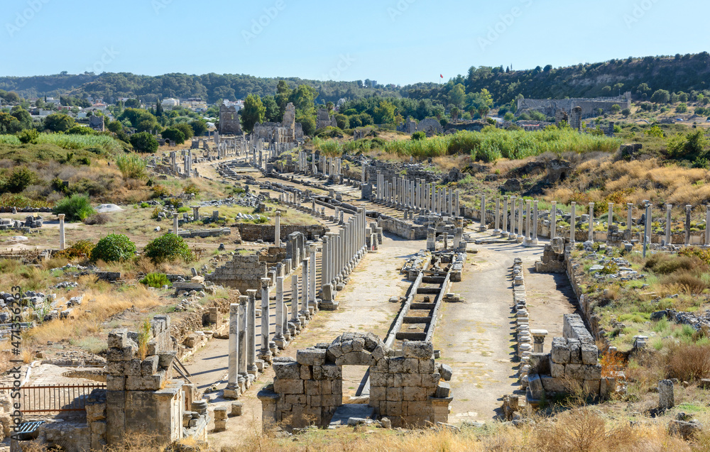 Column street Arcadian. Acropolis. Perge. Turkey. Antique theater in Perge. Ruins of the ancient city