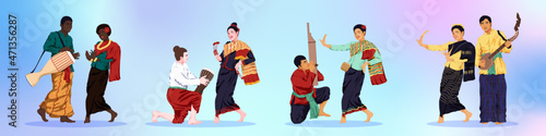 Set of traditional asian musicians and dancers in ancient dress